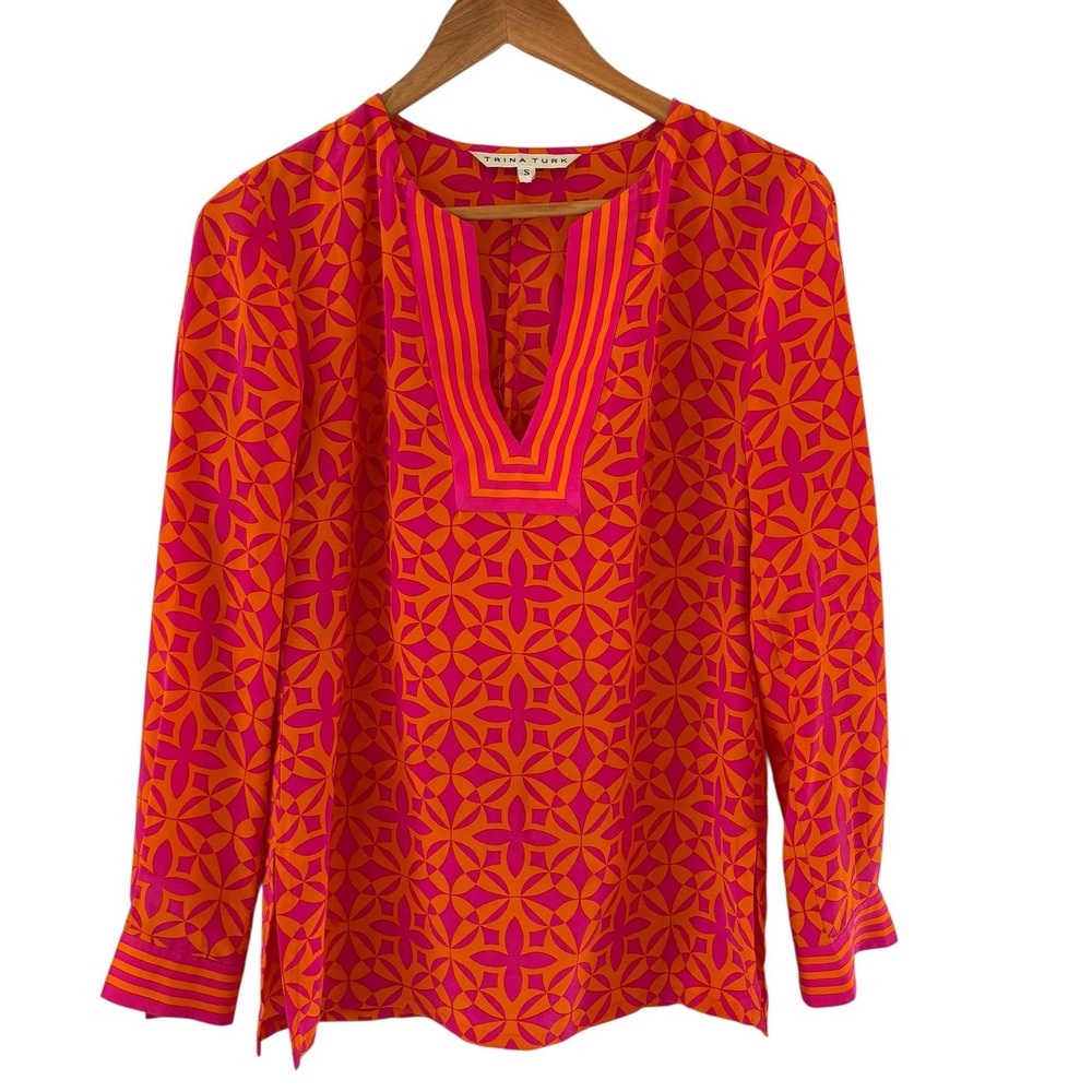 Trina Turk 100% Silk Tunic Top Womens S Pink Orange Beach Spring Break‎ Preppy